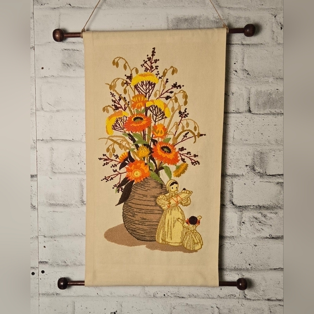 Vintage Embroidered Floral Wall Hanging – Warm Autumn Bouquet Tapestry - Picture 2 of 5